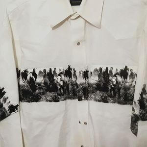 Vintage Wranglers Western Long Sleeve Pearl Button Men Shirt Wild Horses Artwork
